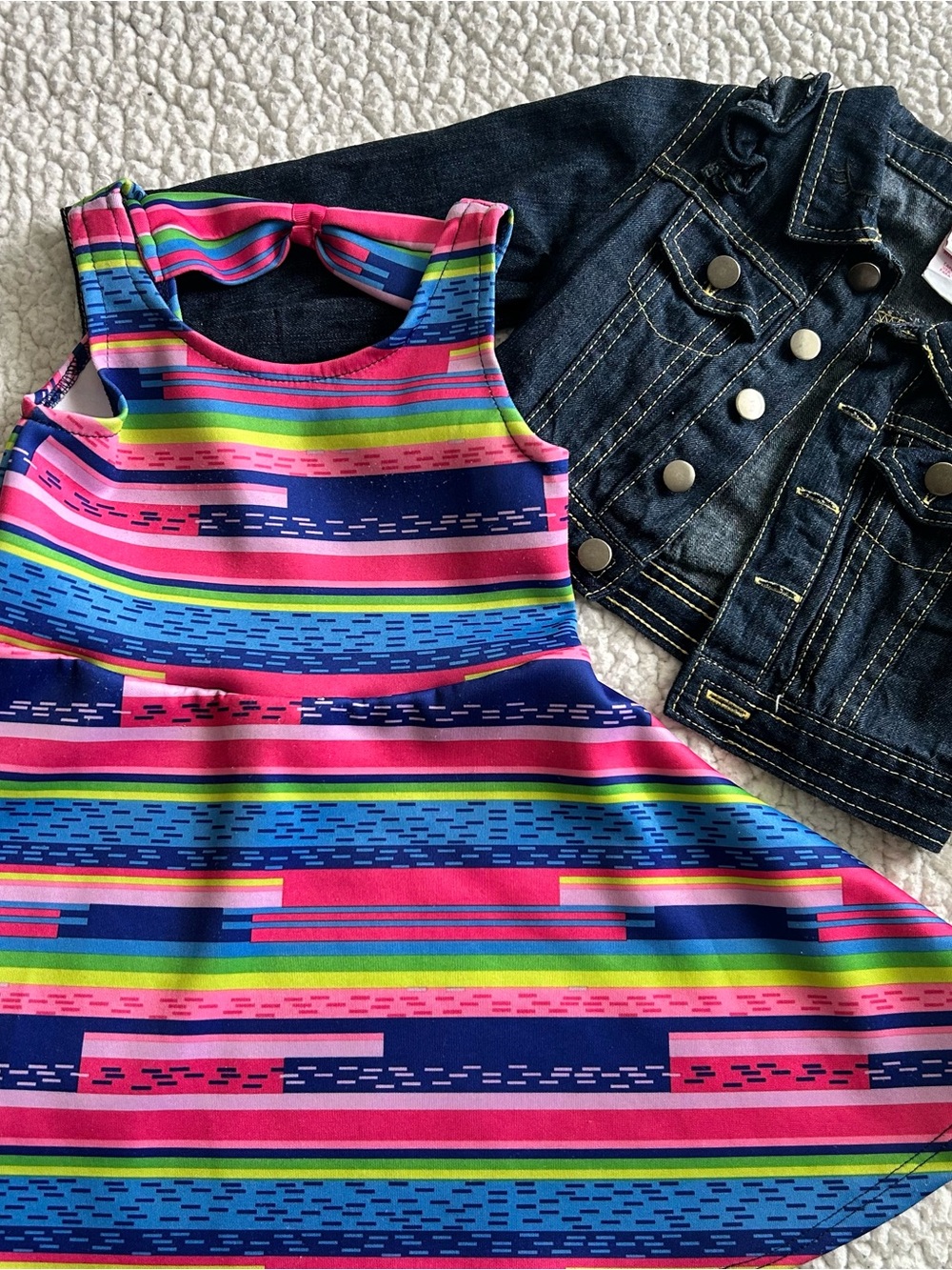 Nannette Kids Rainbow Stripe Dress & Denim Jacket Set Size 3T